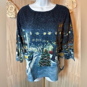 Collections Etc. Festive Winter Scene Long Sleeve Top - Blue Christmas Scene